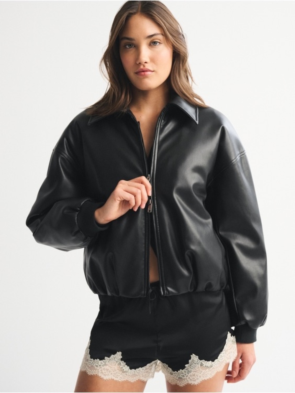 Abercrombie Women's Bubble Hem Vegan Leather Bomber Jacket